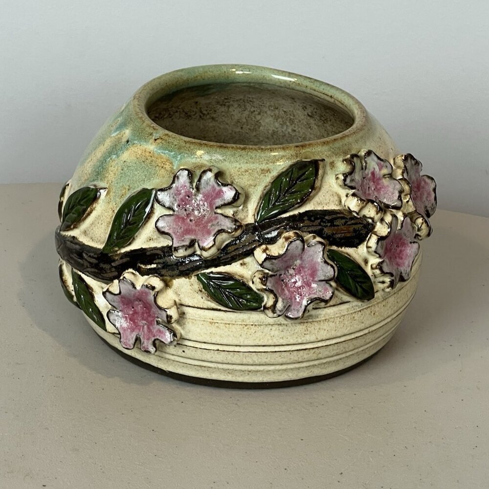 Art Pottery Floral Relief Pot Signed Karen Tan Green Pink Flowers Small/Medium